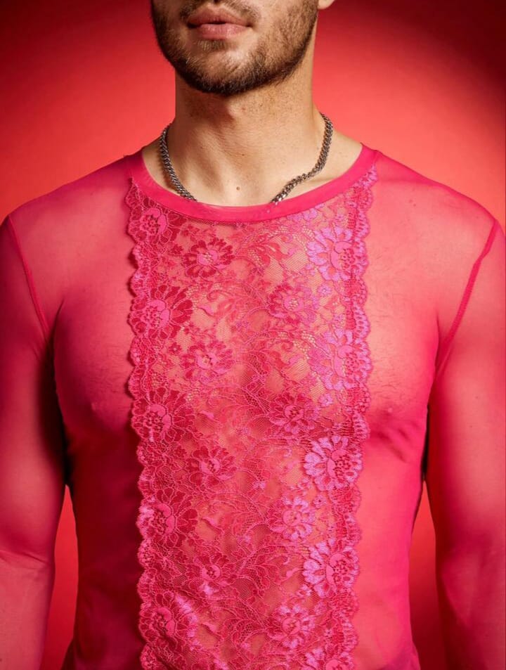 Men's Lace Patchwork Sheer Cut-Short T-Shirt